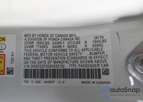 2025 Honda Civic Sport from USA, damaged, VIN 2HGFE2F50SH525182
